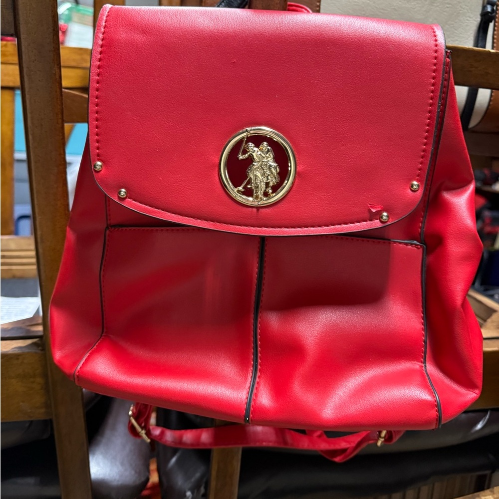 Red Women's US Polo Faux Leather Backpack with Gold Emblem